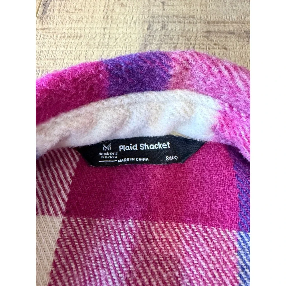 Member's Mark Girls Plaid Shacket Pink Purple White Button Front Size S 6/6X